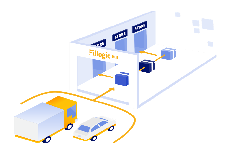 graphic depicting truck and car pulling up to Fillogic Hub
